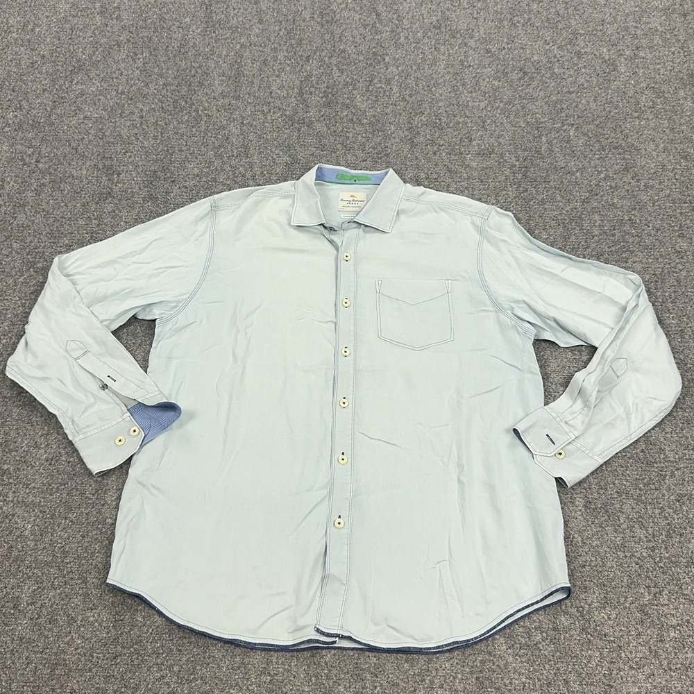 Tommy Bahama Jeans Shirt Mens L Blue Solid Tencel Long Sleeve Button Front